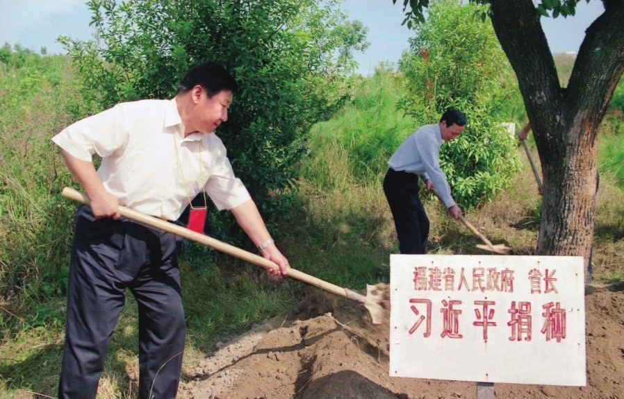 2001年10月，習近平在龍巖市長(cháng)汀縣調研水土流失治理工作，在河田世紀生態(tài)園為樹(shù)培土。圖源：《習近平在福建（下）》