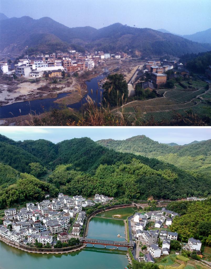 圖為浙江省杭州市淳安縣楓樹(shù)嶺鎮下姜村拼版圖，其中上圖為資料照片、下圖由新華社記者張鋮攝。